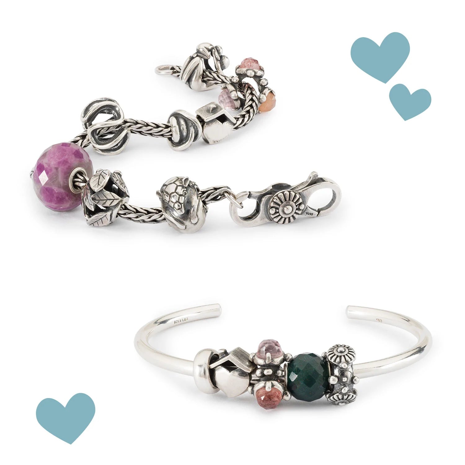 Trollbeads bangle and foxtail bracelet with beads in gemstone, silver and glass